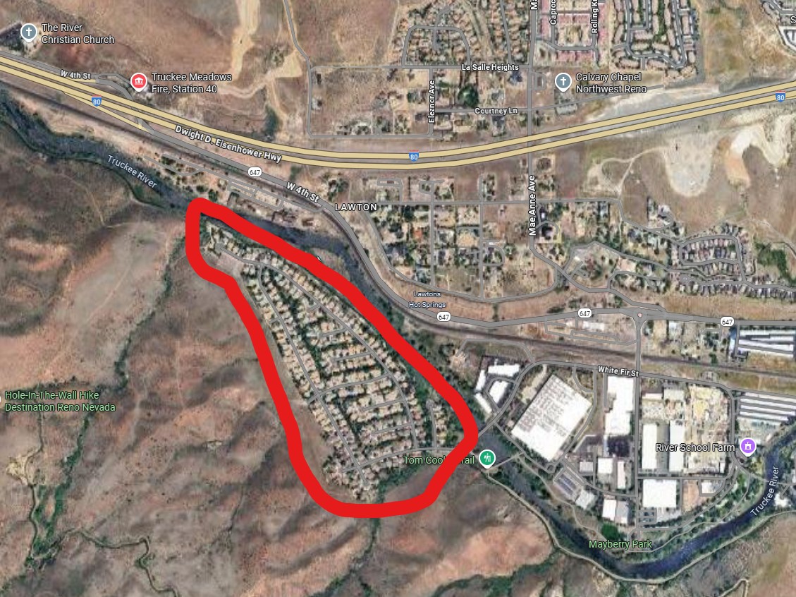 a geographical map with an outlined neighborhood in reno nevada